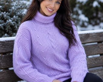 May include: A lavender turtleneck sweater featuring a textured cable knit pattern on the front and sleeves, with ribbed cuffs and a ribbed hem. The knit fabric has a soft, slightly fuzzy appearance, providing a cozy look for cold weather.