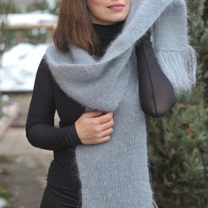 Mohair Scarf Gray Womens oversize long Handknitted wool Scarf image 2
