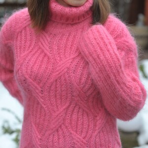 Mohair Women's sweater pink turtleneck hand knit Sweater image 2