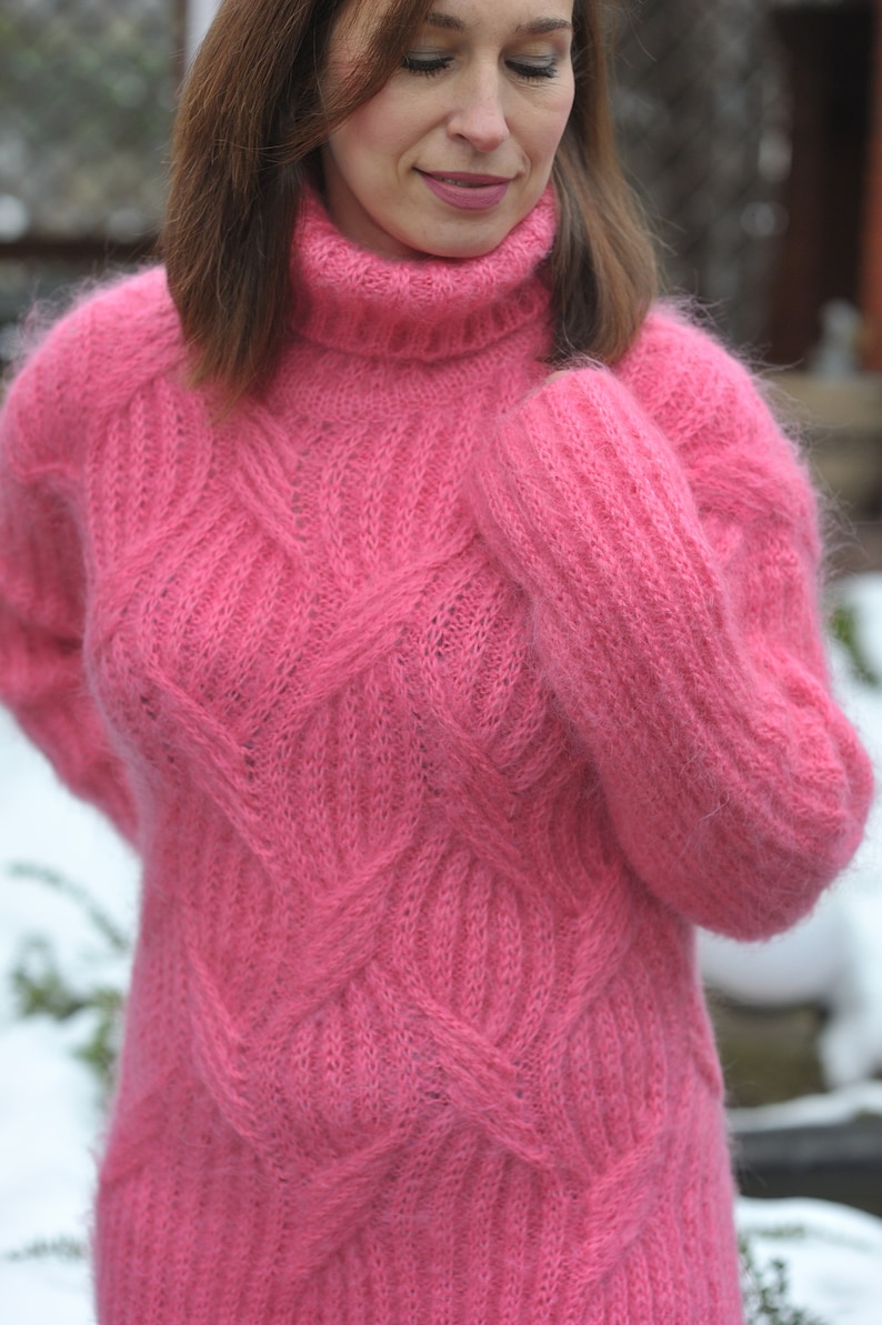 Mohair Women's sweater pink turtleneck hand knit Sweater image 2