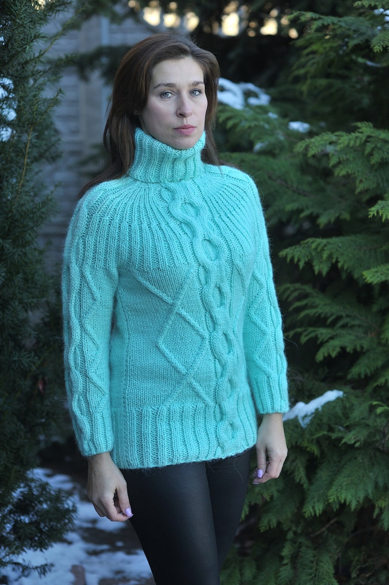 Women's wool sweater Green Knit Wool Alpaca Fashion Warm Soft Casual Sweater image 2