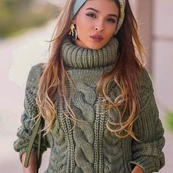 Cable knitted sweater chunky knit  Turtleneck sweater Women's Pullover big knit sweater