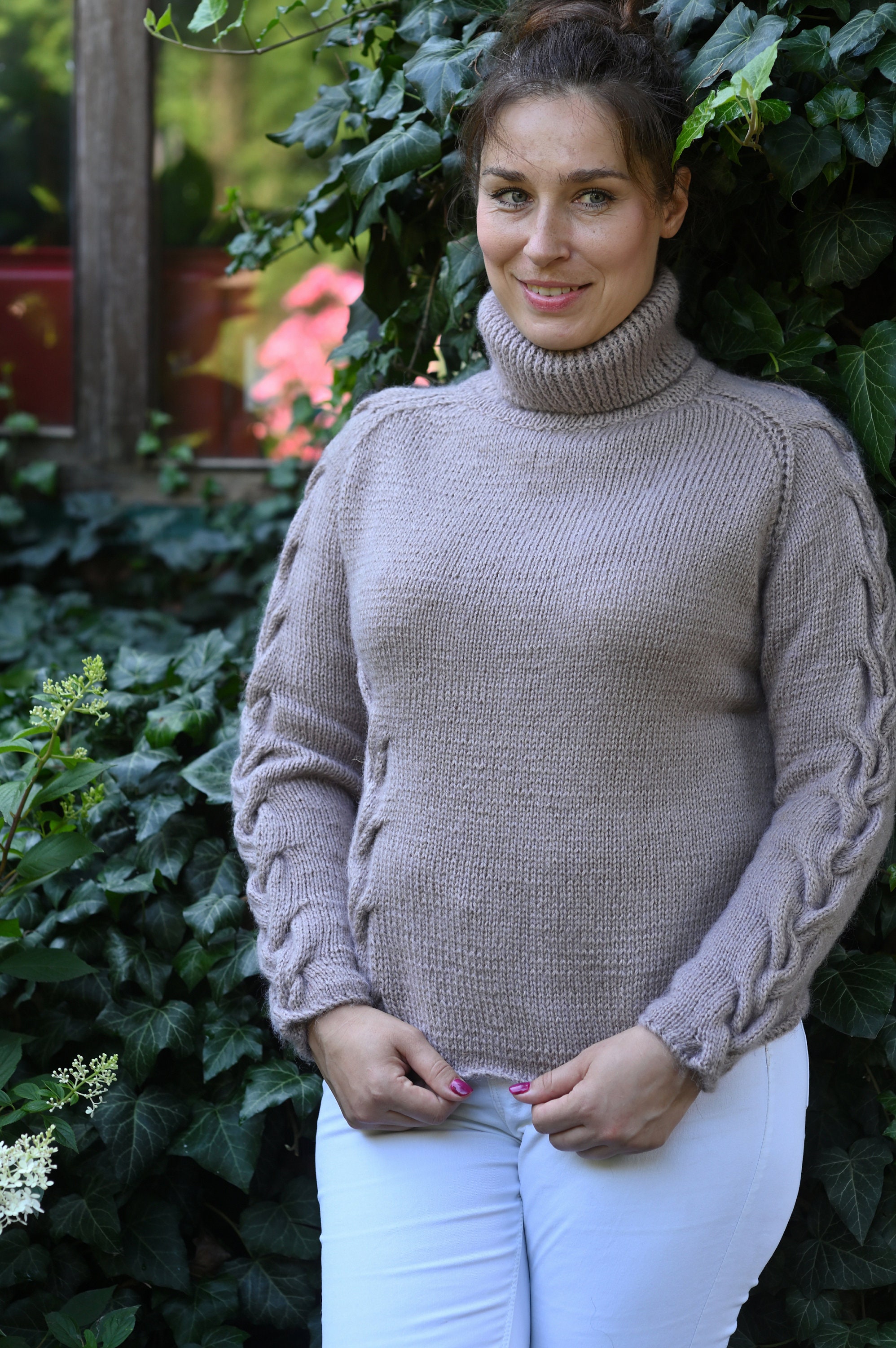 Cable Knit Wool Women Sweater Handknit Sweater Turtleneck Sweater Women