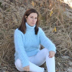 Mohair Sweater Cable Knit Blue Sweater Turtleneck Sweater Handknit ...