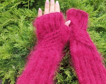 MOHAIR Mittens Burgundy  / Red  Wool Hand Knitted