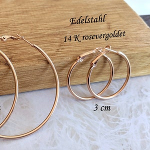 Rose gold hoop earrings, 3 cm, rose gold-plated stainless steel, hoop earrings, large eyelets, for everyday wear, children's jewelry, trendy, 30 mm hoop earrings, elegant