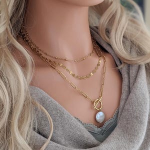 Catena in oro, perla autentica, chiusura a ginocchiera, placcata in oro 18 carati, doppio strato, maglia di carta, catena a maglia casual, catena satellitare, set di gioielli, 80 cm