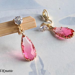 Różowe kolczyki na klipsy, pozłacane kolczyki, małe klejnoty koronne, różowe, bez przekłuwania uszu, lekkie kolczyki wiszące, błyszczące kolczyki na klipsy, świąteczne, wieczorowe