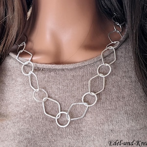 Silver necklace, navette, statement piece, jewelry set, eyelet chain, link chain, matte brushed silver, geometric, necklace + earrings, last-minute gift