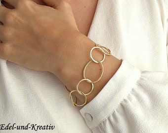 Gold plated link bracelet, large gold rings matt gold, bubble, eyelet bracelet, NEW, statement bracelet, gift for, gold bracelet, gold circles, toggle