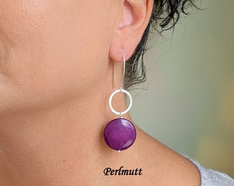 purple earrings silver, 75 mm long, silver rings, violet, ear hooks 925 silver, matt brushed silver ring, unusual, earrings gemstone purple
