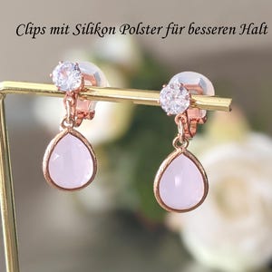 Pink clips, rose gold earrings, small ear clips, glitter ear clips, no piercing, drop earrings, sparkling ear clips, festive, natural stone, rose gold