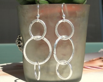 Örhängen 3 ringar, krokar i 925 sterlingsilver, bubbelringar i silver, trendiga länkörhängen, cirklar, försilvrade, XL-örhängen, iögonfallande accessoar, sista minuten-present