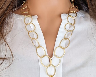 Gold chain with pendant, large gold rings, XXL, matt brushed rings, eyelet chain, long chain for dresses, gold plated, real pearl, heart, gold ball, noble