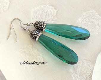 green earrings, emerald green, stainless steel ear hooks, modern earrings, crystal drop earrings, XXL, unusual, gift, Swarovski, silver earrings