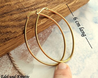 Hoop earrings gold 6 cm oval, 18 K gold-plated stainless steel, gold rings large, long oval statement earrings, trend, large earrings gold, XXL hoop earrings