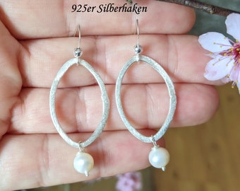 Creolen Silber oval,925er Silberhaken,matter Ring Silber,Tropfen,Gliederohrringe,Silberring mit Perle,Ohrhänger,Geschenk für,minimal,Creole