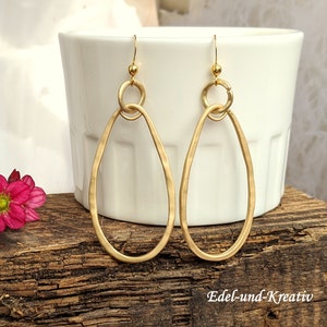 Earrings gold links rings 925 gold-plated fishing hooks, with gold chain, long statement earrings matt gold, light earrings XXL