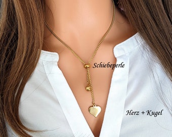 Gold necklace, adjustable, lariat, gold-plated chain, sliding bead, statement, stainless steel, gift for, necklace, choker, thick gold chain, heart, pearl