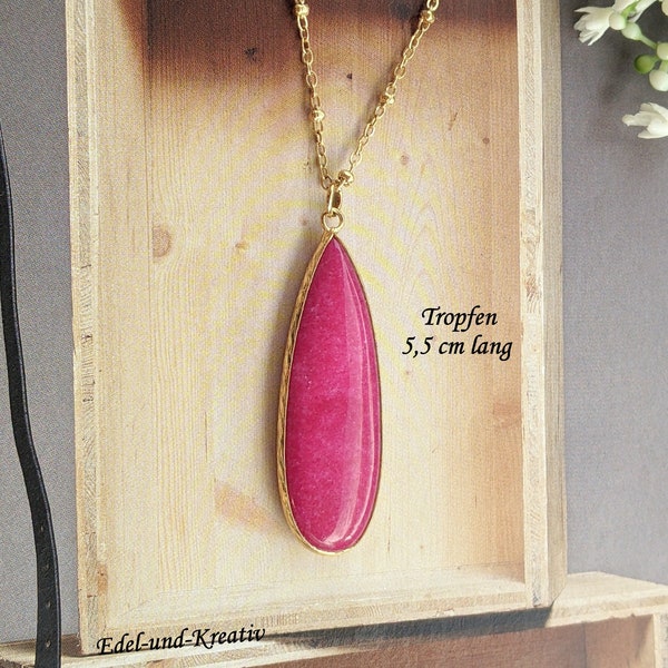 Pendentif jade rose, pendentif grosse pierre précieuse plaqué or, magenta, gouttes pierres naturelles, parure bijoux rose