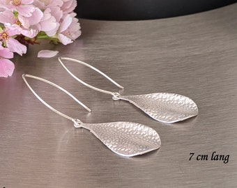 Silver leaf earrings, hammered, 7 cm long, matte silver, lightweight, long statement earrings, silver-plated, boho, gypsy style, silver leaf, long ear hooks