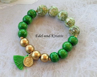 Green gold bracelet, agate beads + wooden beads, green, elastic bracelet, silk tassel, natural stone bracelet, gold-plated coin, gemstone bracelet, Murano glass
