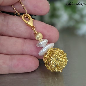 large chain pendant silver+gold, silver pendant with freshwater pearl/onyx, bicolor, disc pearl, silver ball, amulet, pendant for long chain