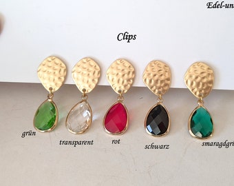 Gold-plated clips, colorful earrings, no ear hole, drop earrings, clip on gold, Swarovski, elegant ear clips, handmade, non-pierced ears, matt gold, green