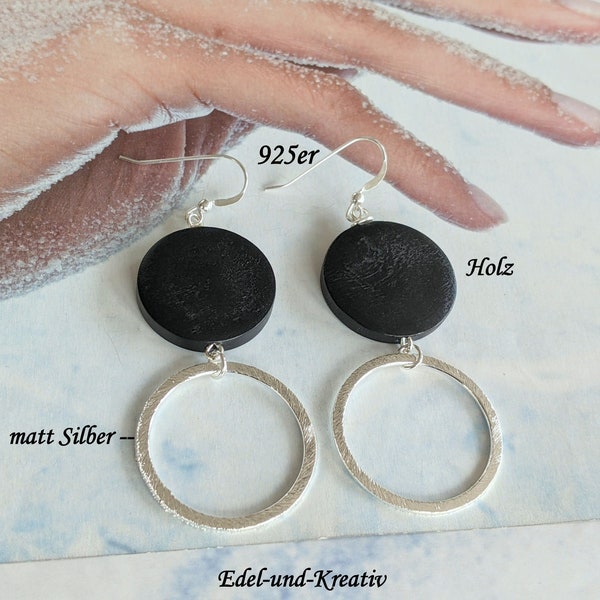 Earrings silver rings, 925 silver hooks, 7.5 cm long trendy link earrings with black wooden disc, large circles, silver-plated, XL earrings