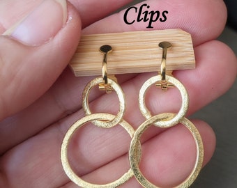 Clips gold-plated, earrings gold rings 2 or 3 rings, circles, no ear hole, matt gold, hammer finish, gold-plated circles, bubble, light ear clips, elegant