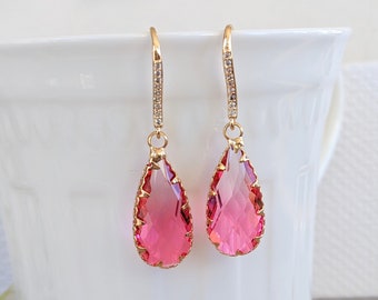 Drop earrings pink, gold plated, 4 cm long, zirconia ear hooks, bridal earrings, gala earring pink magenta, crystal earrings, noble, rhinestone ear hooks