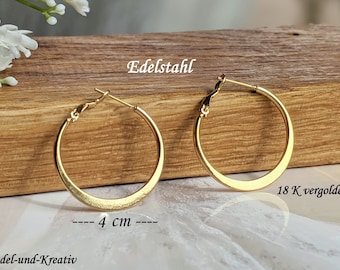 Hoop earrings gold 4 cm, real gold-plated stainless steel, earrings gold rings, eyelets, for every day, stainless steel jewelry gold, trend, circle earrings, children