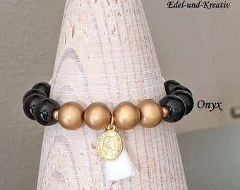 Pulsera rayas blanco y negro, cuentas oro, ónix + cuentas madera, + coral blanco, pulsera elástica, borla de seda, pulsera de piedra natural, moneda bañada en oro