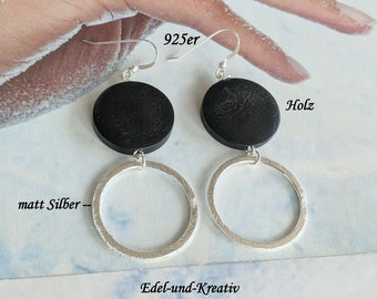 Ohrringe Silber Ringe,925er Silberhaken,7.5cm lange trendige Gliederohrringe mit Holzscheibe schwarz,große Kreise,versilbert,XL Ohrringe