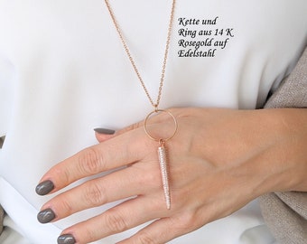 Rose gold chain, zirconia pendant, long necklace, glittering pendant, chain for dress or sweater, rose gold, geometric chain, stainless steel chain