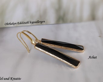 Black earrings, long bar earrings gold, gemstone earrings, agate, gold-plated stainless steel ear hooks, unusual, trend, jewelry set, noble