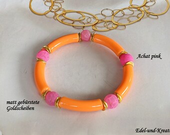 Armband pink orange,Achatperlen,magenta,Armband elastisch,Trend Armband,Naturstein Armband, matt Gold,neon orange,Schmuck Set,Trendfarbe