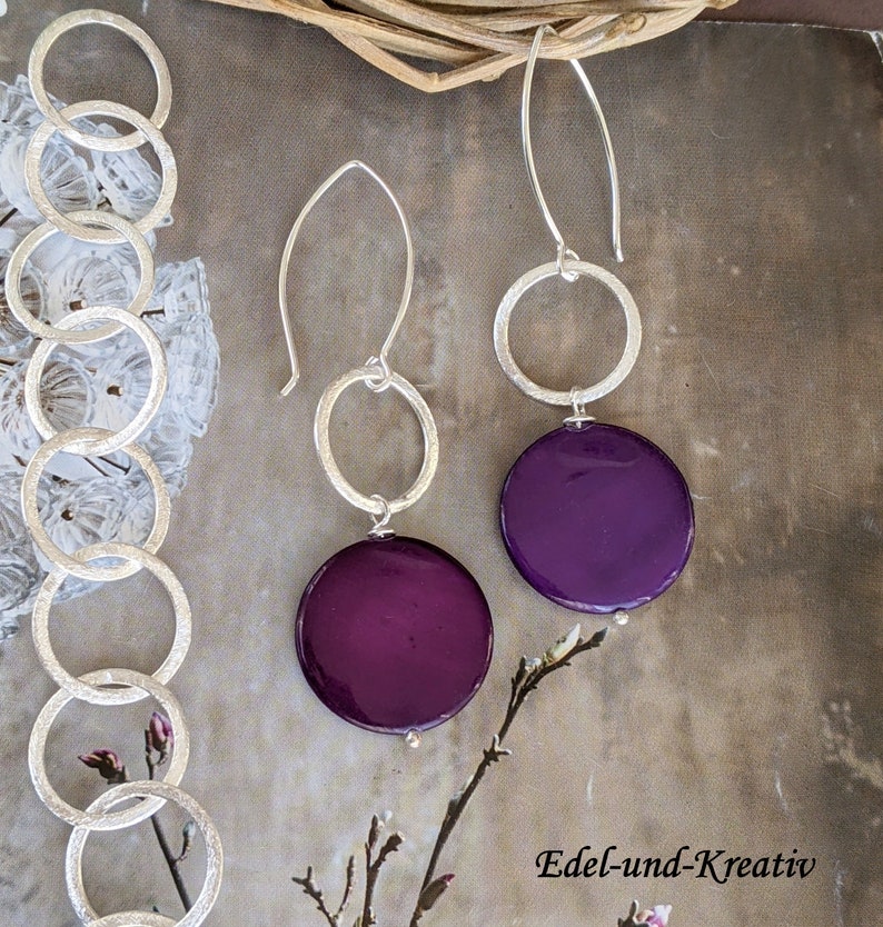 purple earrings silver, 75 mm long, silver rings, violet, ear hooks 925 silver, matt brushed silver ring, unusual, earrings gemstone purple image 4