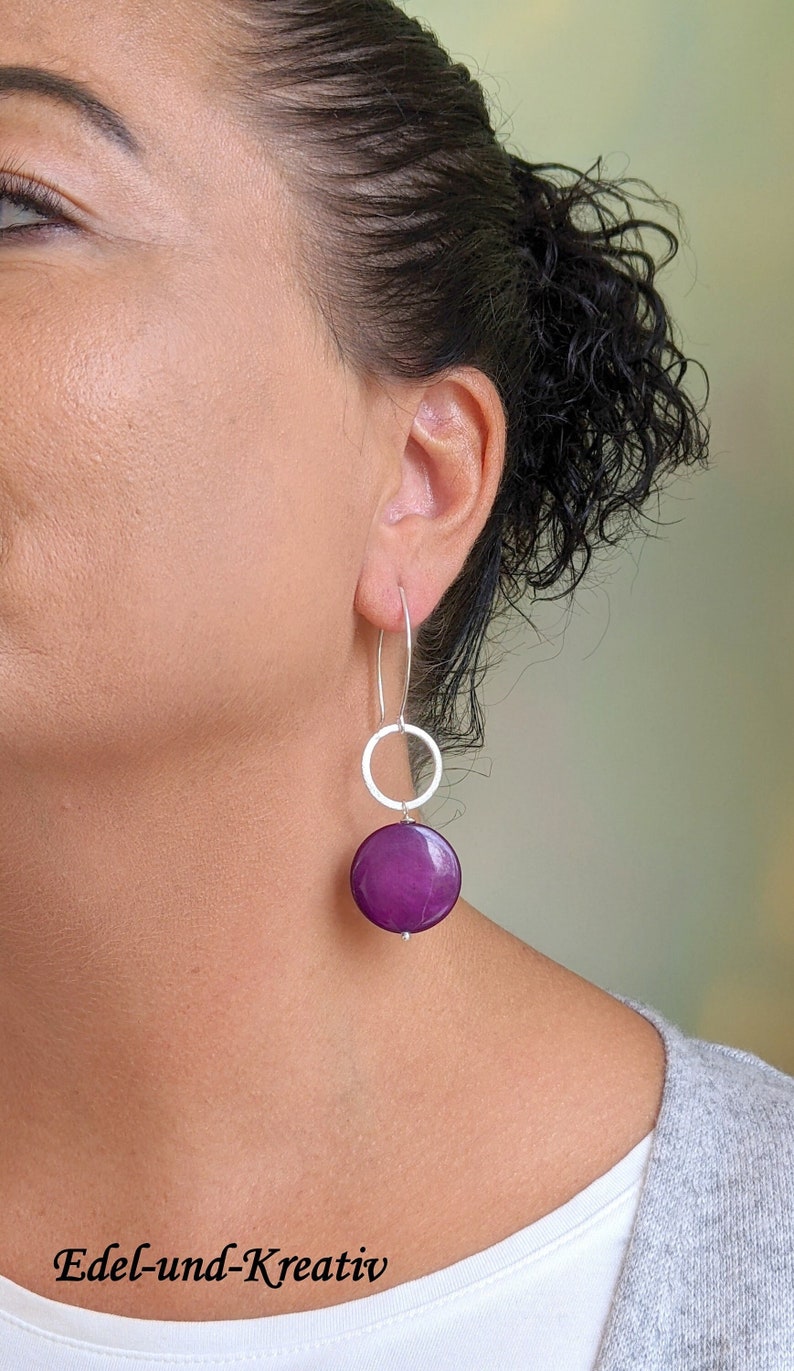 purple earrings silver, 75 mm long, silver rings, violet, ear hooks 925 silver, matt brushed silver ring, unusual, earrings gemstone purple image 9