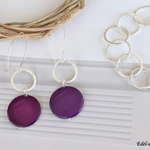 pendientes morados de plata, 75 mm de largo, anillos de plata, violeta, ganchos para las orejas de plata 925, anillo de plata cepillado mate, inusual, pendientes de piedras preciosas violetas imagen 2