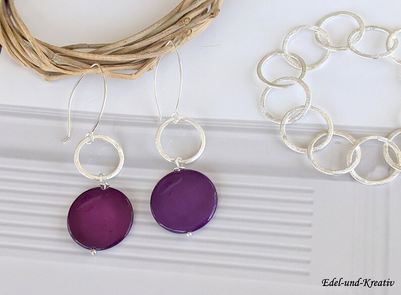 purple earrings silver, 75 mm long, silver rings, violet, ear hooks 925 silver, matt brushed silver ring, unusual, earrings gemstone purple image 2