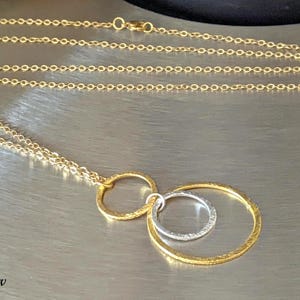 Necklace or pendant, with gold ring/silver rings, bicolor pendant, 3 rings, matt brushed, jewelry set, gold+silver rings, gold and silver, noble
