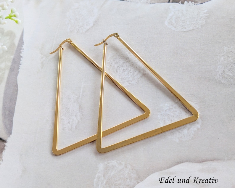 Creolen Gold Dreieck,7 oder 4cm,vergoldetes Edelstahl,eckig,Hexagon,geometrisch,triangle,Edelstahl Schmuck,Trend,XXL Ohrhänger,große Creolen Bild 5