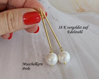 long gold earrings with pearl, gold-plated, pearl earrings, bars, earrings with shell pearl, 6 cm long, stainless steel, trend, bridal jewelry, statement