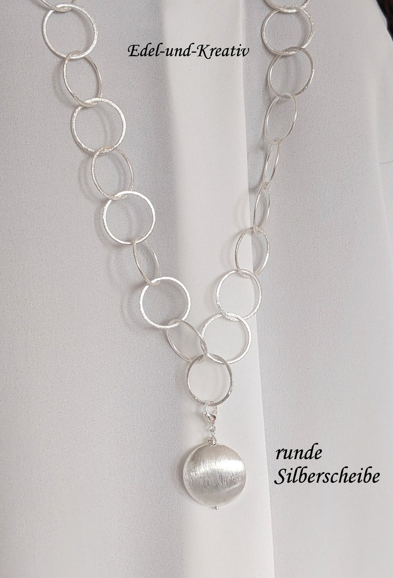 lange Gliederkette Silber matt gebürstete,Trendkette mit Anhänger,Kreise,80cm Kette,Kette für Anhänger,Collier versilbert,Kette Silber Ringe Kette+Silberscheibe