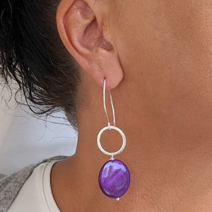 purple earrings silver, 75 mm long, silver rings, violet, ear hooks 925 silver, matt brushed silver ring, unusual, earrings gemstone purple image 6