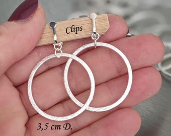 Örhängen med clips och silverring, 3 storlekar, lätta silverörhängen, ingen piercing krävs, matt borstad finish, Cirklar, enkla kedjeörhängen, clips