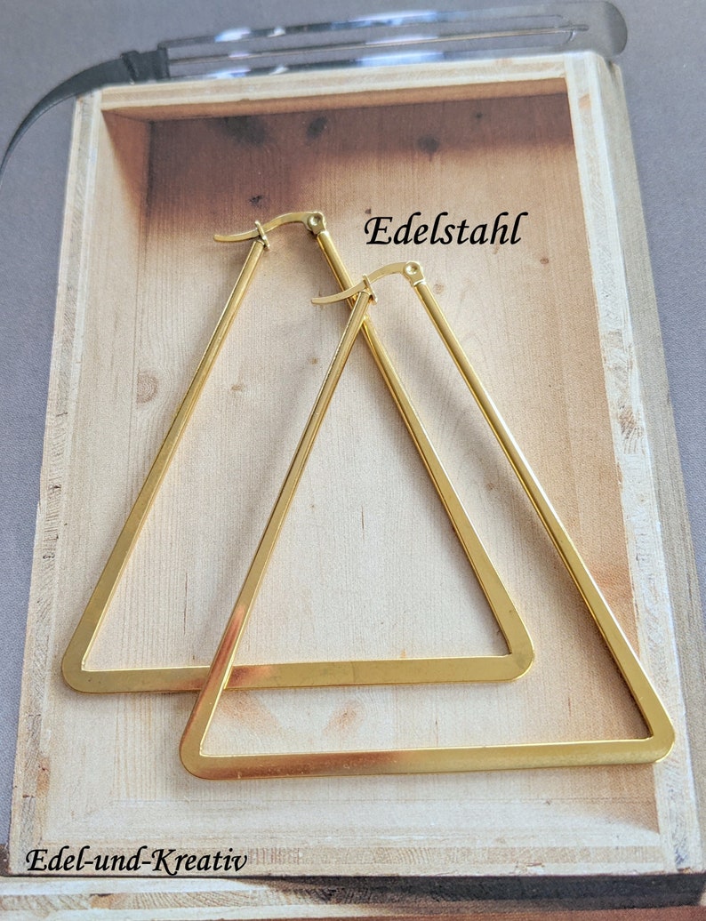 Creolen Gold Dreieck,7 oder 4cm,vergoldetes Edelstahl,eckig,Hexagon,geometrisch,triangle,Edelstahl Schmuck,Trend,XXL Ohrhänger,große Creolen Bild 2