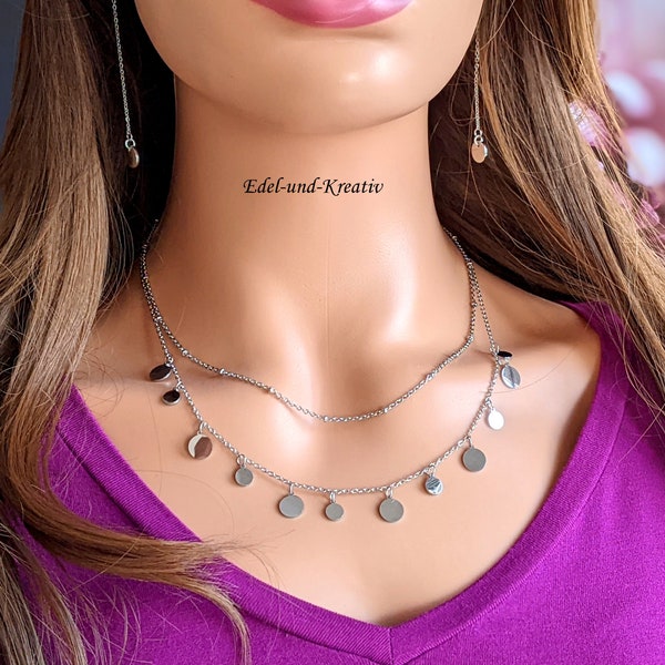 Collier superposé argent acier inoxydable, chaîne en argent à plusieurs rangs, 2 pièces, chaîne empilable, perles, chaîne à plaques brillantes, chaîne satellite, cadeau