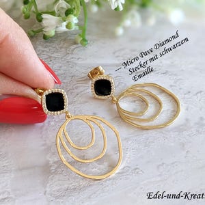 Ohrringe Gold, schwarze Ohrstecker, Micro Pave, 3.5cm od. 7.5cm lang,18 K vergoldet, Statementohrringe, matt gold Ringe,vergoldete Ohrhänger